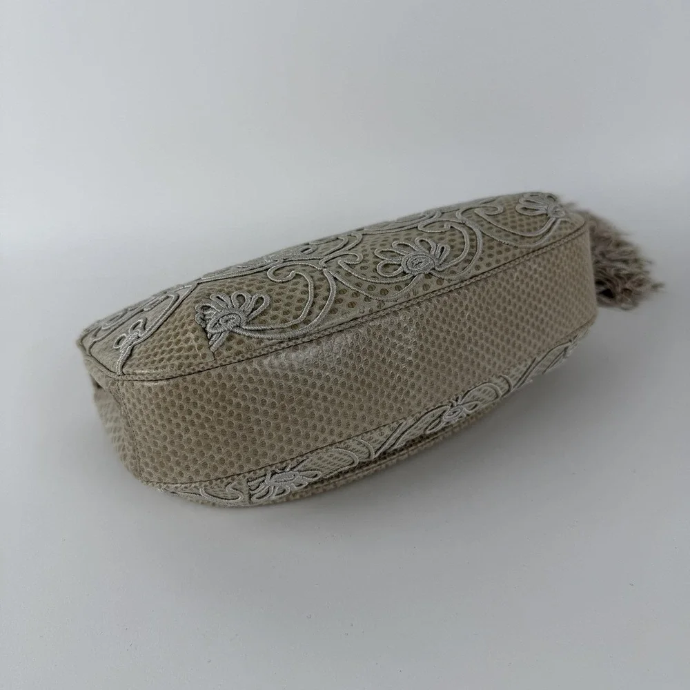 Vintage Judith Leiber Clutch Bag Womens Beige Reptile Leather Chain Tassel Italy